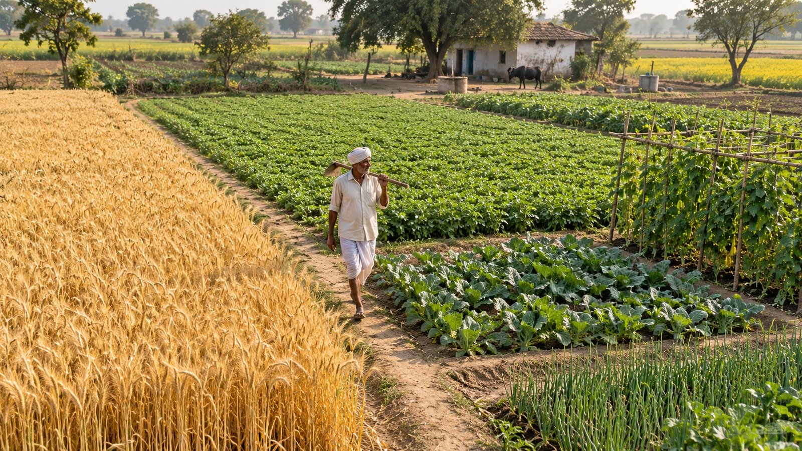 A small farm with separate grain, legume and vegetable plots.