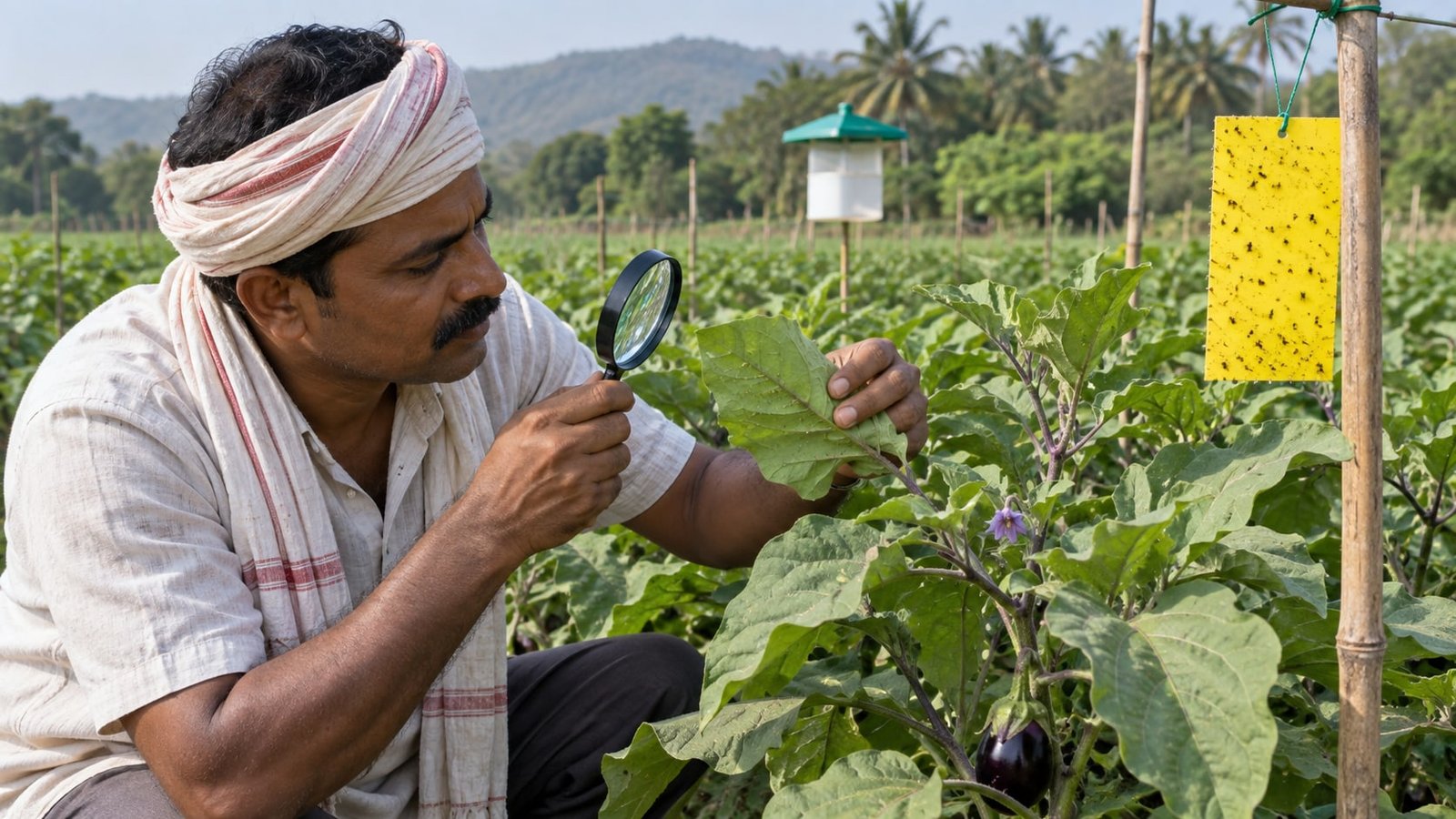 A farmer inspecting a leaf near an insect monitoring trap in a vegetable field.
