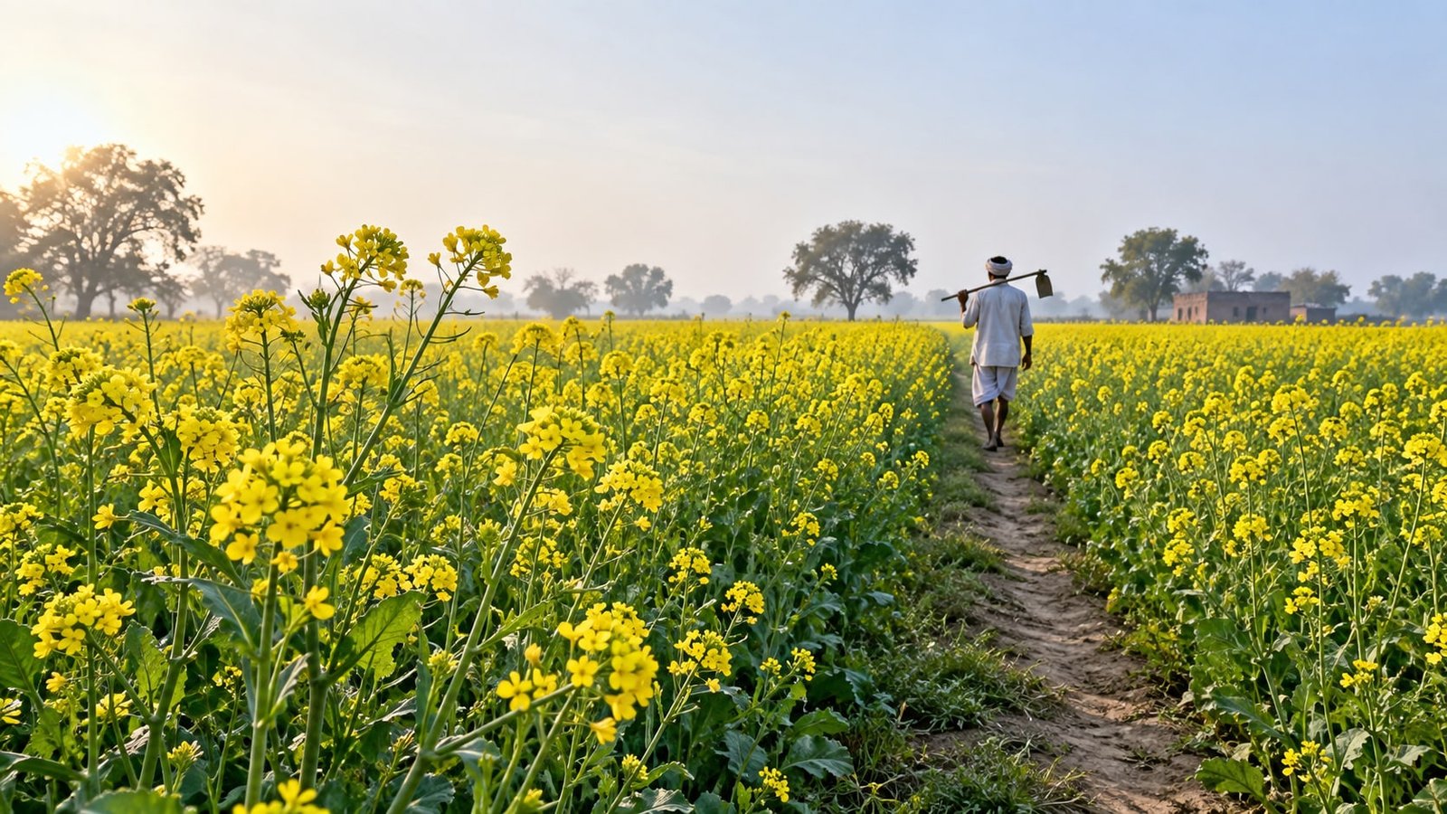 Yellow mustard flowers in a sunlit rabi-season field.
