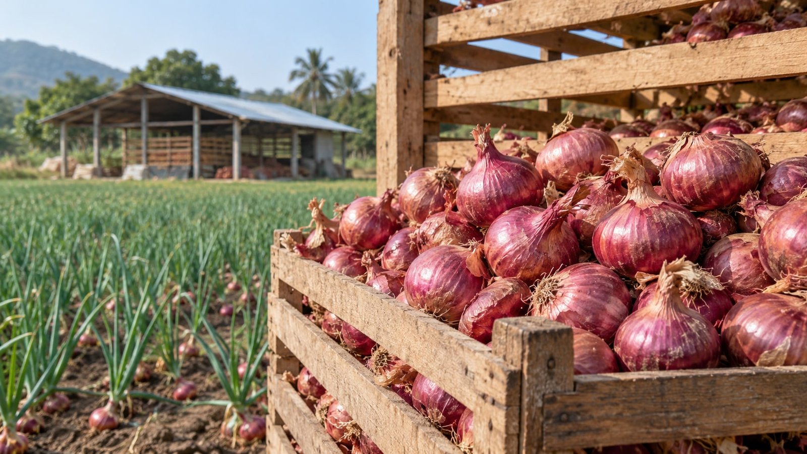 Red onions drying in a ventilated storage rack beside a farm.